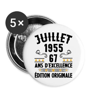 67 Ans Anniversaire Vintage Né(e) en Juillet 1955 - Lot de 5 grands badges (56 mm) - blanc - Devant