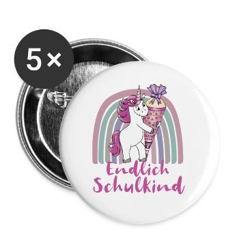Endlich Schulkind Einhorn mit Regenbogen - Buttons groß 56 mm (5er Pack) - Weiß - Vorne