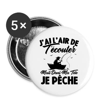 Dans Ma Tête Je Pêche, Cadeau Humour Pêcheur - Lot de 5 grands badges (56 mm) - blanc - Devant