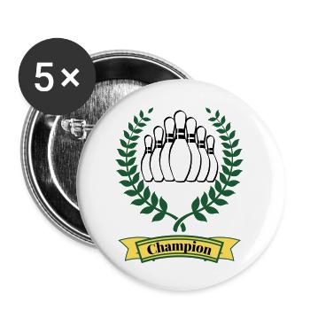 Bowling Kegeln Champion, Sieger, grün gelb - Buttons groß 56 mm (5er Pack) - Weiß - Vorne