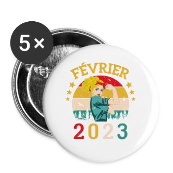 Février 2023 anniversaire idée cadeau vintage 2023 - Lot de 5 grands badges (56 mm) - blanc - Devant