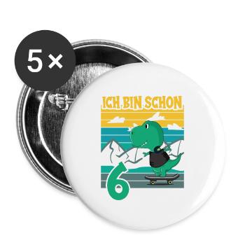 Dino Geburtstagsmotiv 6 Jahre Jungen Geschenkidee - Buttons groß 56 mm (5er Pack) - Weiß - Vorne