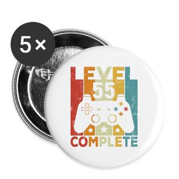 Niveau 55 Anniversaire complet 55 ans Homme Femme - Lot de 5 grands badges (56 mm) - blanc - Devant