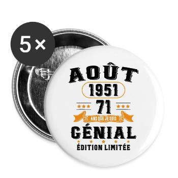 71 Ans Anniversaire Vintage Né(e) en Août 1951 - Lot de 5 grands badges (56 mm) - blanc - Devant