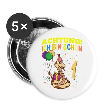 Achtung Ich Bin Schon 1 Tier Geburtstag Schlange - Buttons groß 56 mm (5er Pack) - Weiß - Vorne