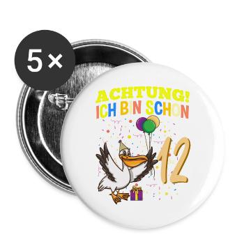 Achtung Ich Bin Schon 12 Tier Geburtstag Pelikan - Buttons groß 56 mm (5er Pack) - Weiß - Vorne