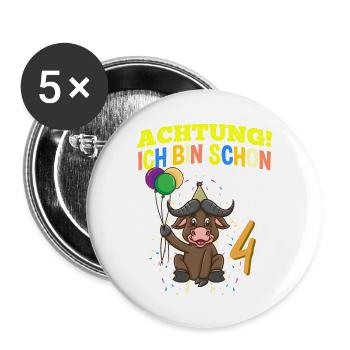 Achtung Ich Bin Schon 4 Geburtstag Büffel Bison - Buttons groß 56 mm (5er Pack) - Weiß - Vorne