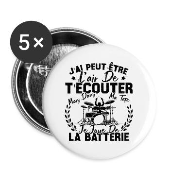 Dans Ma Tête Je Joue De La Batterie Batteur Cadeau - Lot de 5 grands badges (56 mm) - blanc - Devant