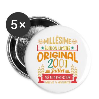 Millésime Né(e) Juillet 2001 Cadeau Anniversaire - Lot de 5 grands badges (56 mm) - blanc - Devant