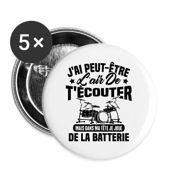 Dans Ma Tête Je Joue De La Batterie Batteur Cadeau - Lot de 5 grands badges (56 mm) - blanc - Devant