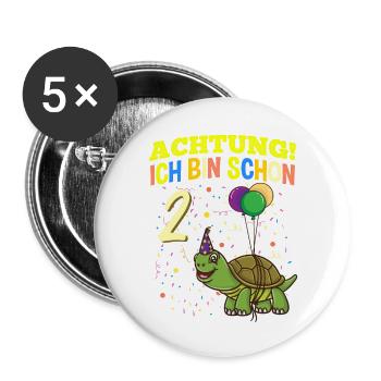 Achtung Ich Bin Schon 2 Geburtstag Schildkröte - Buttons groß 56 mm (5er Pack) - Weiß - Vorne