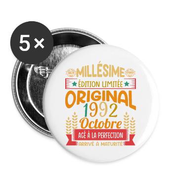 Millésime Né(e) Octobre 1992 Cadeau Anniversaire - Lot de 5 grands badges (56 mm) - blanc - Devant