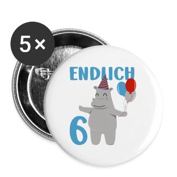 6 Geburtstag Geschenk Endlich sechs Jahre Nilpferd - Buttons groß 56 mm (5er Pack) - Weiß - Vorne