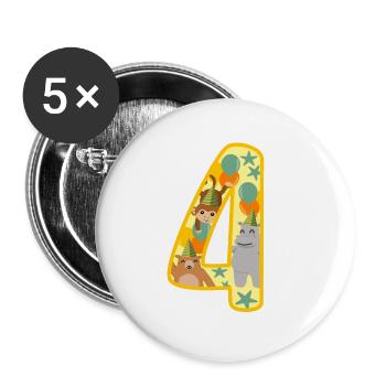 4. Geburtstag Geschenk Zahl vier Jahre Zootiere - Buttons groß 56 mm (5er Pack) - Weiß - Vorne