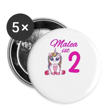Kindergeburtstag 2 Jahre Mädchen Name Malea - Buttons groß 56 mm (5er Pack) - Weiß - Vorne