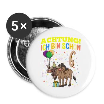 Achtung Ich Bin Schon 6 Tier Geburtstag Gnu - Buttons groß 56 mm (5er Pack) - Weiß - Vorne