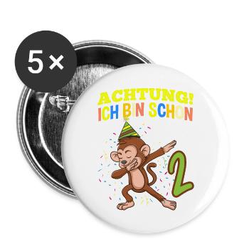 Achtung Ich Bin Schon 2 Geburtstag Affen - Buttons groß 56 mm (5er Pack) - Weiß - Vorne