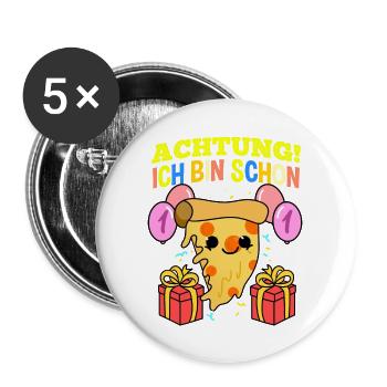 Achtung Ich Bin Schon 1 Geburtstag Pizza - Buttons groß 56 mm (5er Pack) - Weiß - Vorne
