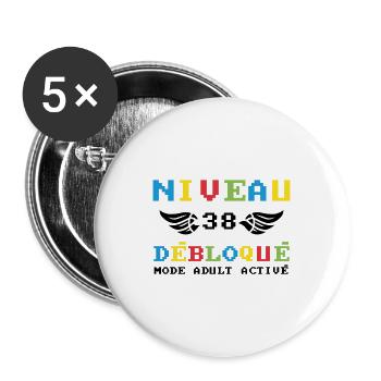 Niveau 38 Débloqué. mode adult activé - Lot de 5 grands badges (56 mm) - blanc - Devant