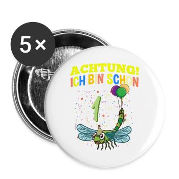 Achtung Ich Bin Schon 1 Tier Geburtstag Libelle - Buttons groß 56 mm (5er Pack) - Weiß - Vorne