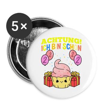 Achtung Ich Bin Schon 2 Geburtstag Cupcake - Buttons groß 56 mm (5er Pack) - Weiß - Vorne