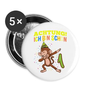 Achtung Ich Bin Schon 1 Geburtstag Affen - Buttons groß 56 mm (5er Pack) - Weiß - Vorne