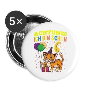 Achtung Ich Bin Schon 6 Tier Geburtstag Tiger - Buttons groß 56 mm (5er Pack) - Weiß - Vorne