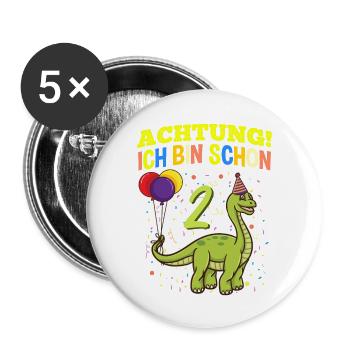 Achtung Ich Bin Schon 2 Geburtstag Dinosaurier - Buttons groß 56 mm (5er Pack) - Weiß - Vorne