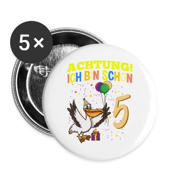 Achtung Ich Bin Schon 5 Tier Geburtstag Pelikan - Buttons groß 56 mm (5er Pack) - Weiß - Vorne