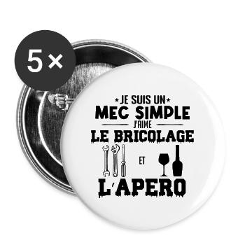 Mec simple aime le bricolage et l'apéro mécano - Lot de 5 grands badges (56 mm) - blanc - Devant