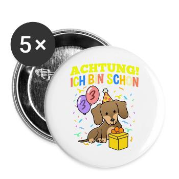 Achtung Ich Bin Schon 3 Geburtstag Dackel - Buttons groß 56 mm (5er Pack) - Weiß - Vorne