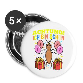 Achtung Ich Bin Schon 7 Geburtstag Ohrwurm - Buttons groß 56 mm (5er Pack) - Weiß - Vorne