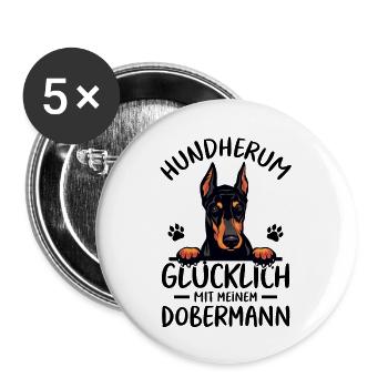 Hund Glücklich mit Dobermann - Buttons groß 56 mm (5er Pack) - Weiß - Vorne