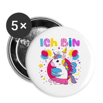 3. Geburtstag Mädchen Ich bin 3 Jahre mit Einhorn - Buttons groß 56 mm (5er Pack) - Weiß - Vorne