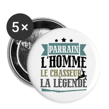 Parrain l'homme le chasseur légende cadeau chasse - Lot de 5 grands badges (56 mm) - blanc - Devant