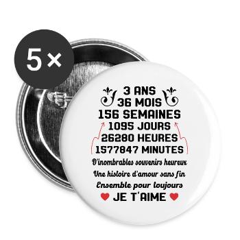 Couple 3 Ans amour Anniversaire de mariage Cadeau - Lot de 5 grands badges (56 mm) - blanc - Devant