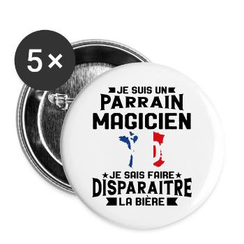 Je Suis Un Parrain Magicien Je Sais Faire La Bière - Lot de 5 grands badges (56 mm) - blanc - Devant