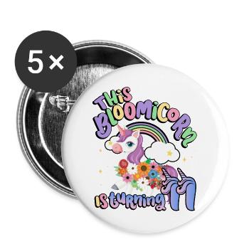Bloomicorn Is Turning 11 Einhorn 11. Geburtstag - Buttons groß 56 mm (5er Pack) - Weiß - Vorne