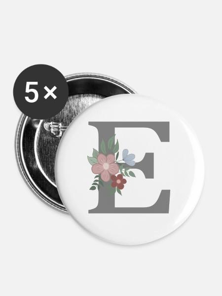 Buchstabe E mit Blume grau - Buttons groß 56 mm (5er Pack) - Weiß