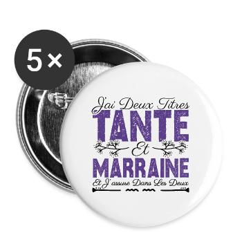 J'ai deux titres tante et marraine. Cadeau tante . - Lot de 5 grands badges (56 mm) - blanc - Devant