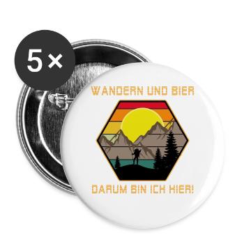 Wandern und Bier darum bin ich hier lustig Spruch - Buttons groß 56 mm (5er Pack) - Weiß - Vorne