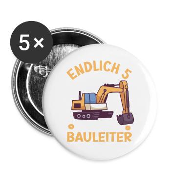 5. Geburtstag Junge Bagger Design Endlich 5 - Buttons groß 56 mm (5er Pack) - Weiß - Vorne