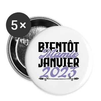 Annonce grossesse. bientôt Mamie Janvier 2023. - Lot de 5 grands badges (56 mm) - blanc - Devant