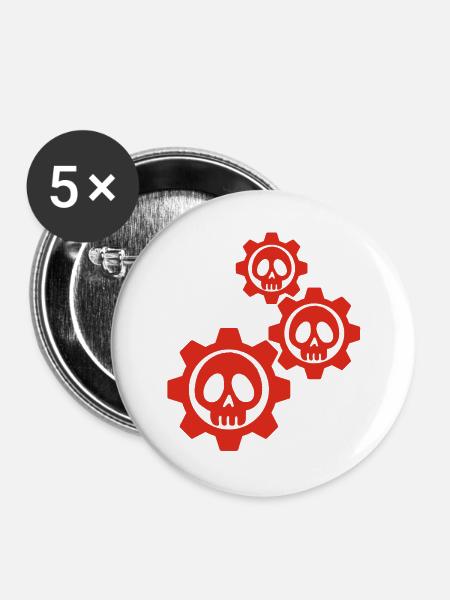 Totenköpfe und rote Zahnräder - Buttons groß 56 mm (5er Pack) - Weiß