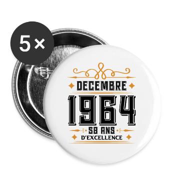 né en DÉCEMBRE 1964, 58 ans, cadeau d'anniversaire - Lot de 5 grands badges (56 mm) - blanc - Devant