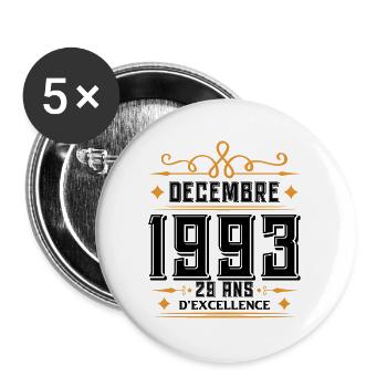 né en DÉCEMBRE 1993, 29 ans, cadeau d'anniversaire - Lot de 5 grands badges (56 mm) - blanc - Devant