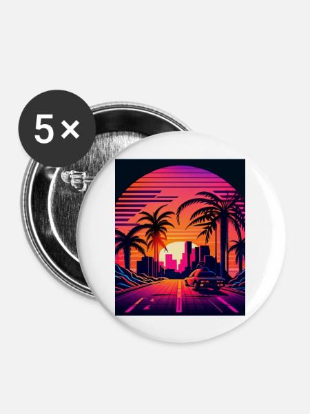 Retrowave Synthwave 80s Design - Buttons groß 56 mm (5er Pack) - Weiß