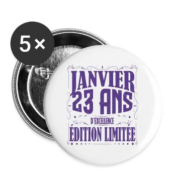 Janvier 23 ans. Cadeau 23 ans janvier anniversaire - Lot de 5 grands badges (56 mm) - blanc - Devant