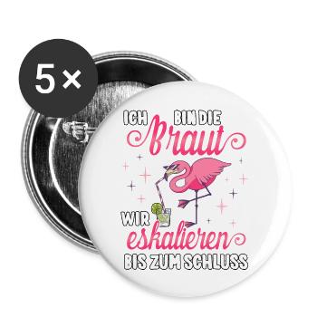 JGA T-Shirt Braut Outfit Junggesellinnenabschied - Buttons groß 56 mm (5er Pack) - Weiß - Vorne