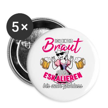 Frauen JGA Braut T-Shirt Junggesellinnenabschied - Buttons groß 56 mm (5er Pack) - Weiß - Vorne